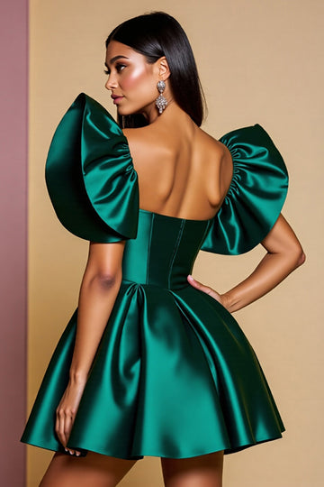 Dark Green Ruffled Sleeve Satin A Line Homecoming Dress